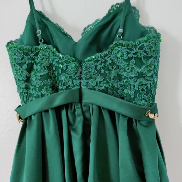 JJ'sHouse Maxi Satin Prom Dress with rhinestone sash and lace bodice - Picture 8 of 11